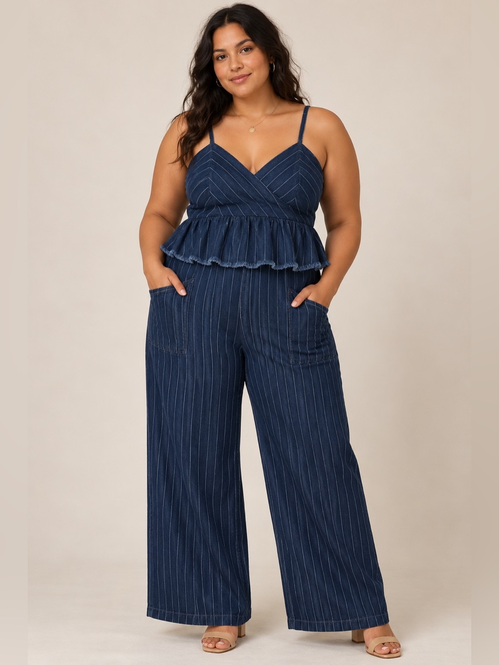 NWT Anthropologie Maeve Denim Pinstripe Peplum Jumpsuit XL $148